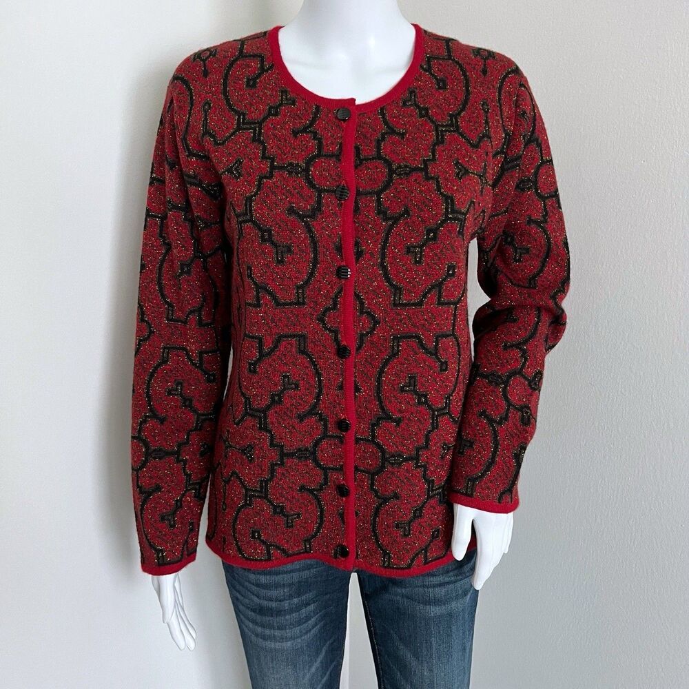 Intiwara Women's Cardigan Size S Red Black 100% Baby Alpaca Handmade Bolivia